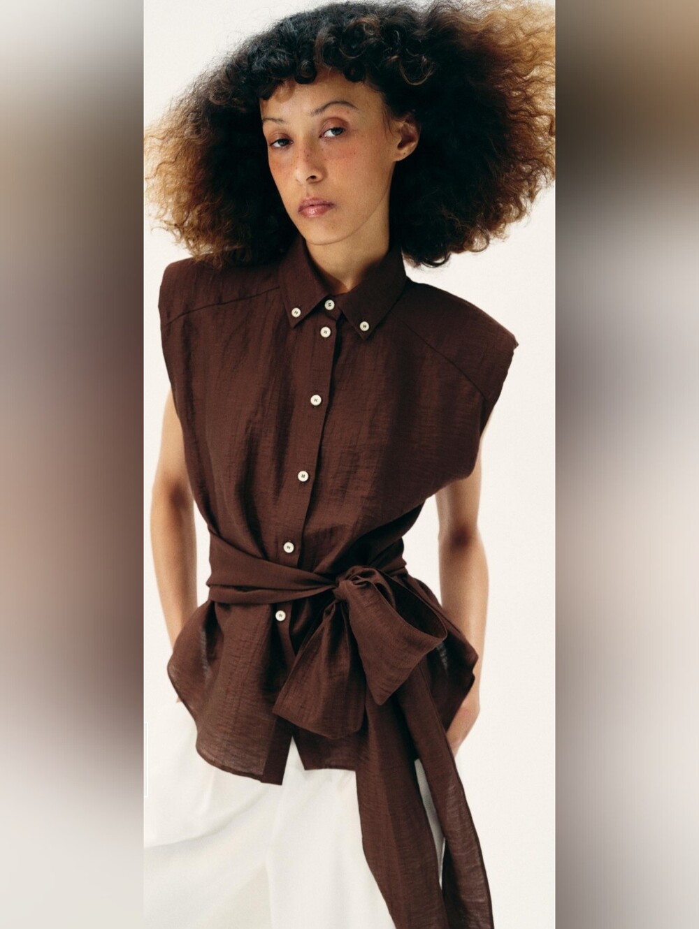 ZARA DARK BROWN LINEN BELTED SHOULDER PAD TOP ✨️✨️✨️